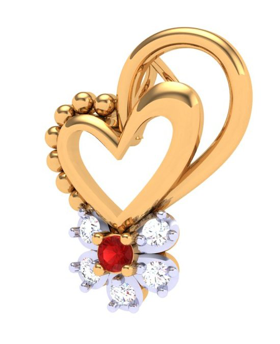 18k Diamond & Red -stone Studded Heart Gold Pendant on Sale