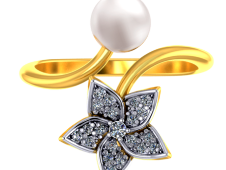 18k Diamond Ring With A Diamond Studded Five-petal Floral Design And A Pearl For Sale