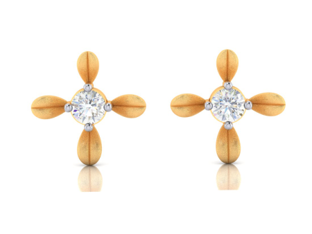 18k 4 Petal Floral Designed Gold Earrings With Diamond For Discount