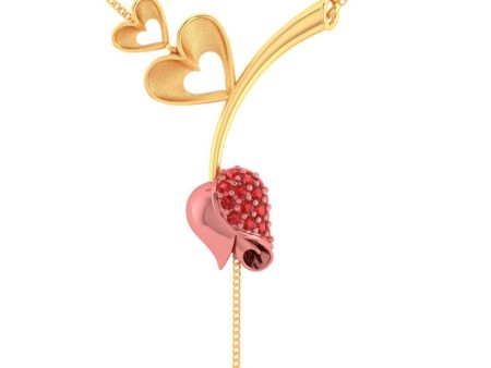 14k Gold Necklace With Double Hearts On A Stone-studded Tulip And A Pearl Drop For Sale