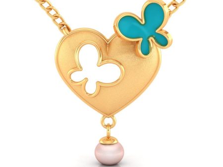 14k Heart-shaped Gold Necklace With Butterflies And A Pearl Drop Cheap