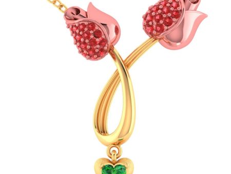 14k Gold Necklace With Stone-studded Double Tulips And A Heart Drop Sale