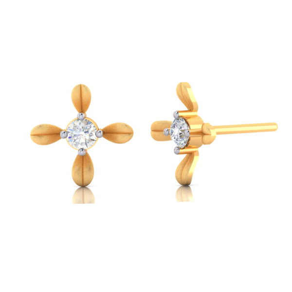 18k 4 Petal Floral Designed Gold Earrings With Diamond For Discount